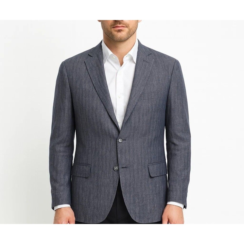 Tasso Elba 42L Blazer Jacket Sport Coat Mens Blue 100% Linen Office Career